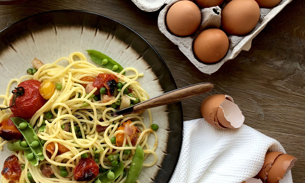 Carbonara with Pancetta, Peas and Roasted Tomatoes
