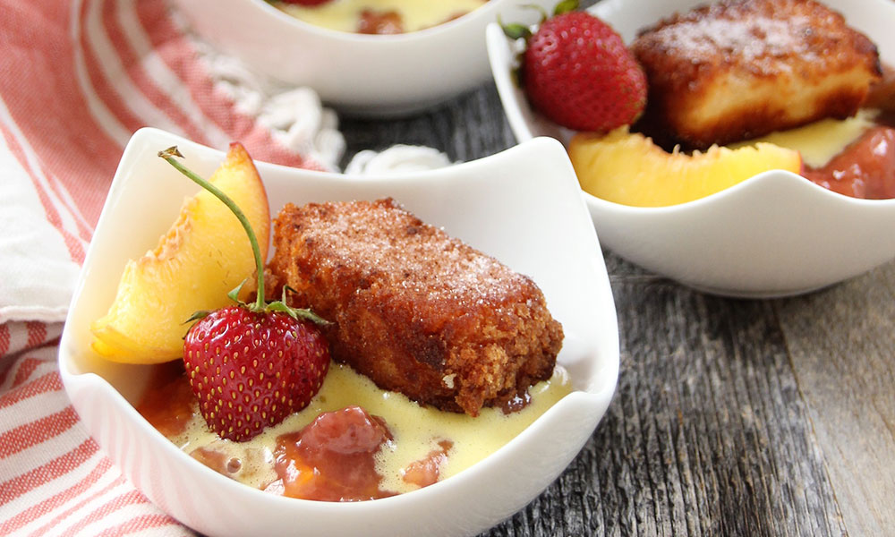 Toasted Angel Food Cake Cubes with Zabaglione and Rhubarb Peach Sauce
