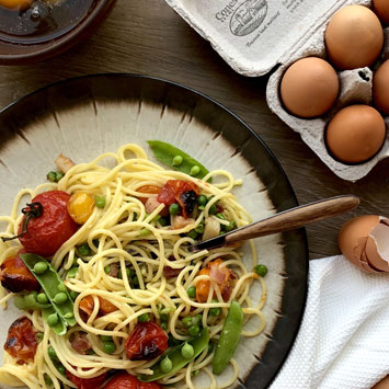 Carbonara with Pancetta, Peas and Roasted Tomatoes