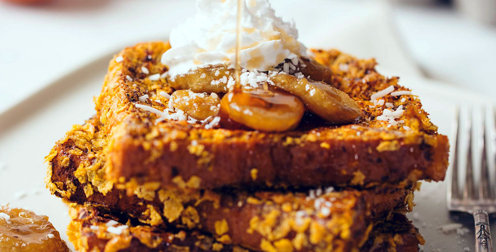 Crispy French Toast with Brown Sugar Bananas, Coconut 